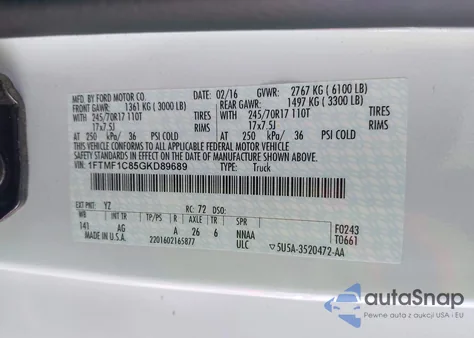 2016 Ford F-150 Xl from USA, damaged, VIN 1FTMF1C85GKD89689